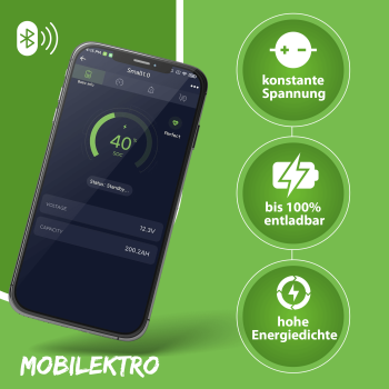 Bluetooth App, bis 100% entladbar, hohe Energiedichte, konstante Spannung