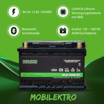 Lithium Eisenphosphat Batterie deep cycle 80Ah 12,8V 1024 Wh Bluetooth Schnittstelle ersetz 160 - 200 Ah AGM oder GEL Batterie Lifepo4 Akku mit BMS