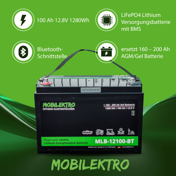 Lithium Eisenphosphat Batterie deep cycle 100Ah 12,8V 1280 WH Bluetooth Schnittstelle ersetz 160 - 200 Ah AGM oder GEL Batterie Akku mit BMS