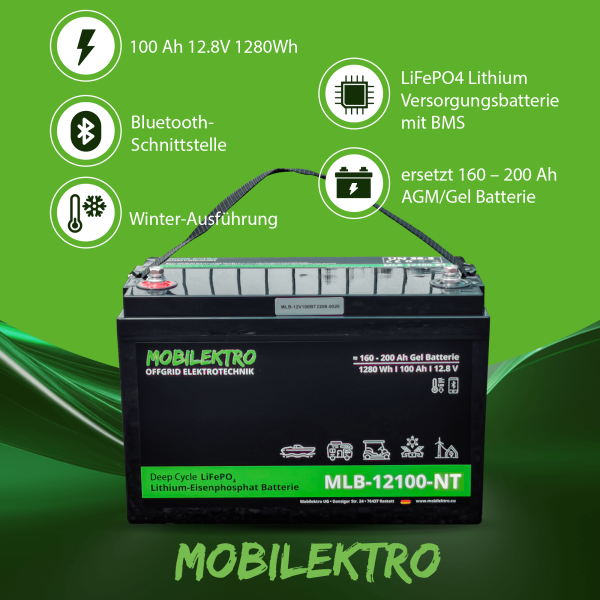 Winter-Ausführung Lithium Eisenphosphat Batterie deep cycle 100Ah 12,8V 1280 WH Bluetooth Schnittstelle ersetz 160 - 200 Ah AGM oder GEL Batterie Akku mit BMS